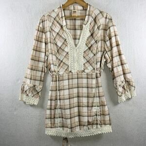 Vintage Faded Glory Womens Plaid Crochet Tunic Top Sz 2X Boho Cottage‎ Y2K Farm